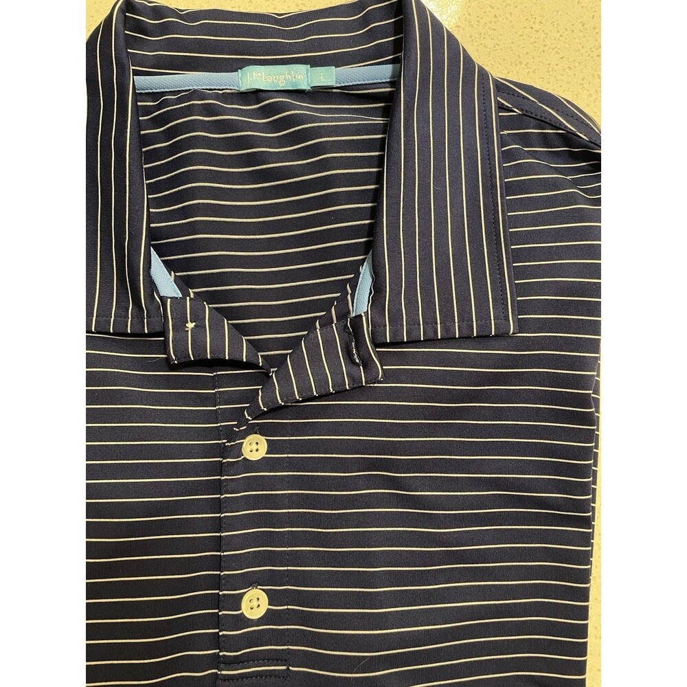 J Mclaughlin Mens Large Polo Shirt Navy White Stripe Performance Golf